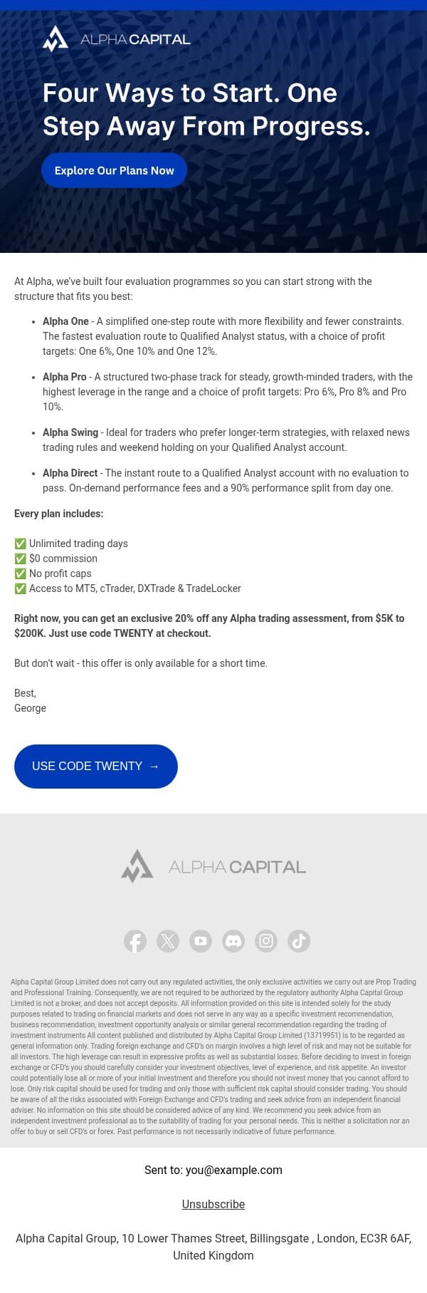 Pick a Plan that Suits You - Get 20% Off email from Alpha Capital Group screenshot