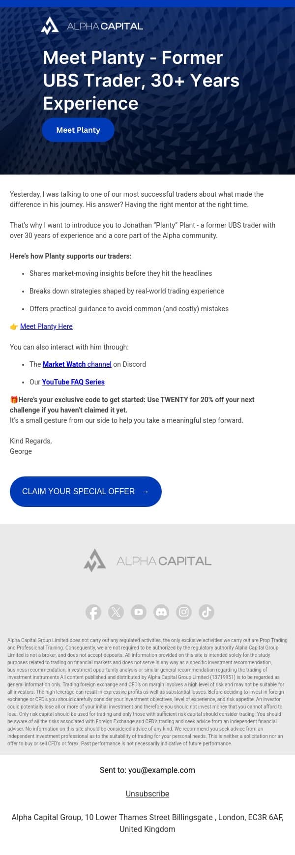 Your Free Trading Mentor: With 30+ Years at UBS email from Alpha Capital Group screenshot