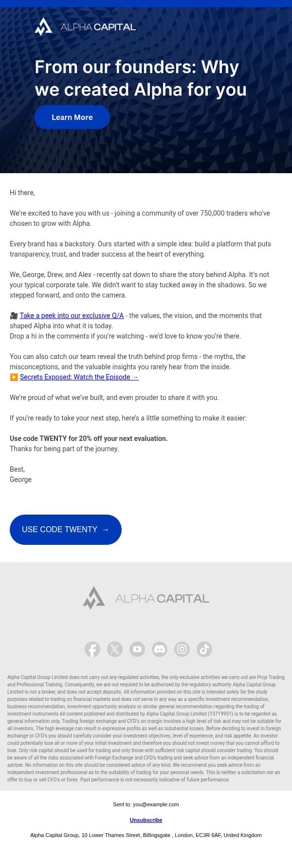 Meet the team behind your 750k+ trader community email from Alpha Capital Group screenshot