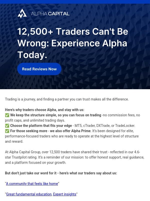 12,500+ Traders Choose Alpha - Here’s Why You Should Too email from Alpha Capital Group