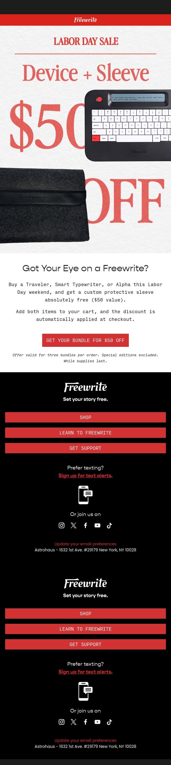 Labor Day Deal: $50 Off Your Dream Freewrite + Sleeve Bundle π email from AlphaSmart screenshot