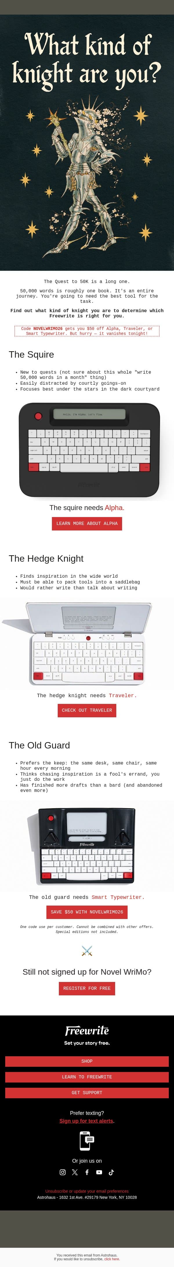 LAST CALL: Our Novel WriMo Deal Ends @ Midnight ⚔️ email from AlphaSmart screenshot