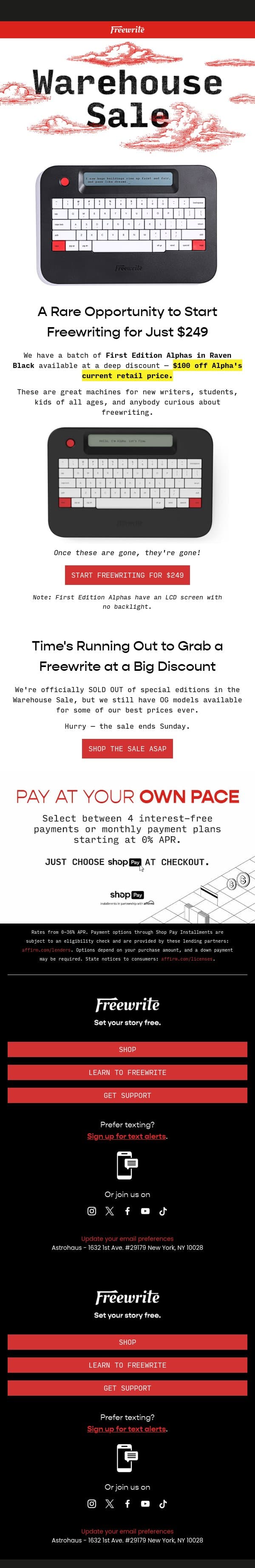 Just $249 to Freewrite 📚 email from AlphaSmart screenshot