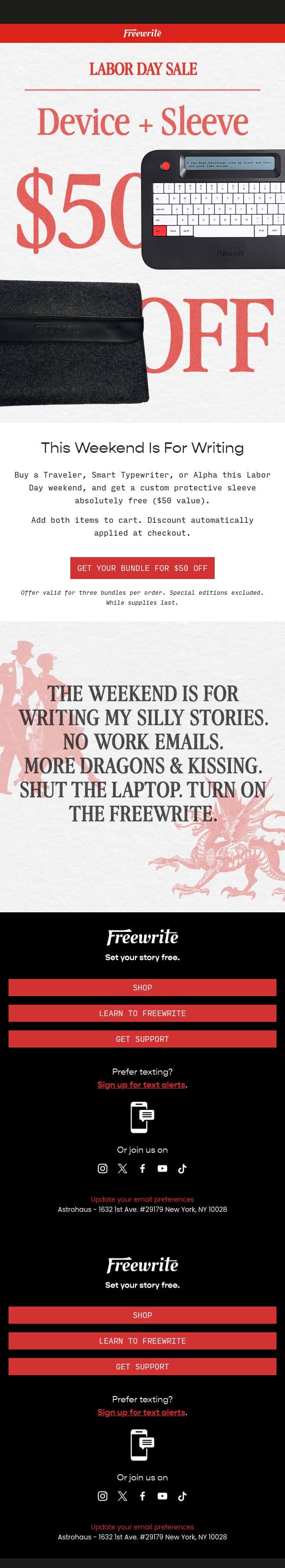 $50 OFF a Freewrite + Sleeve π email from AlphaSmart screenshot