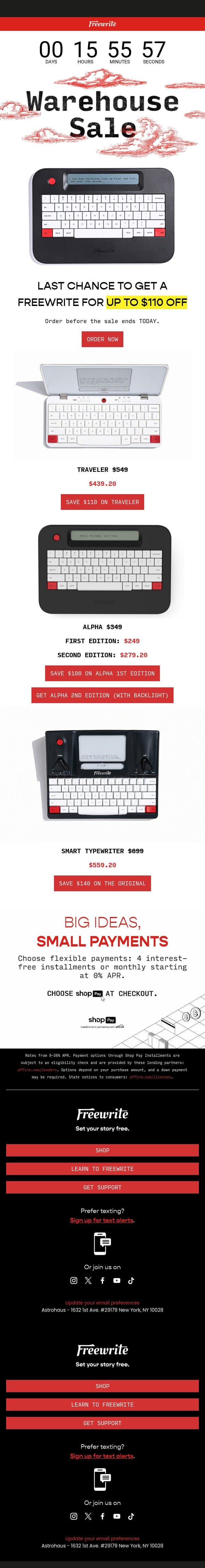 LAST CHANCE: Up to $140 off Freewrite 🚨 email from AlphaSmart screenshot