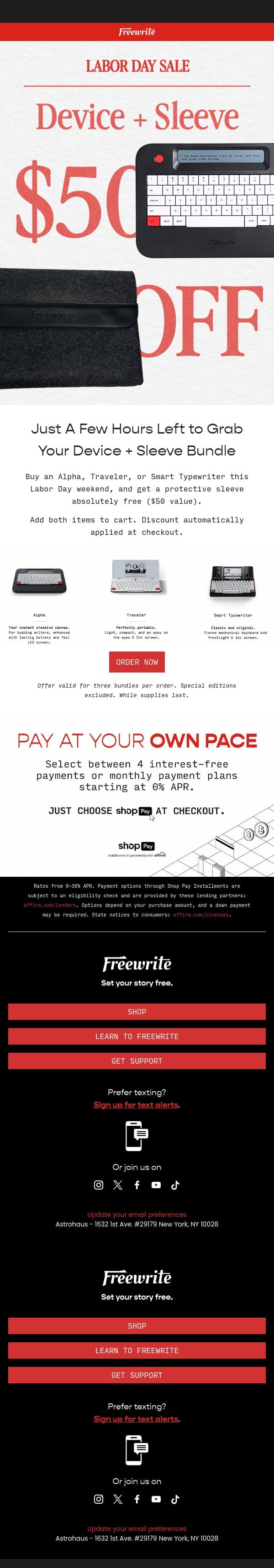 LAST CALL: $50 OFF a Freewrite + Sleeve email from AlphaSmart screenshot