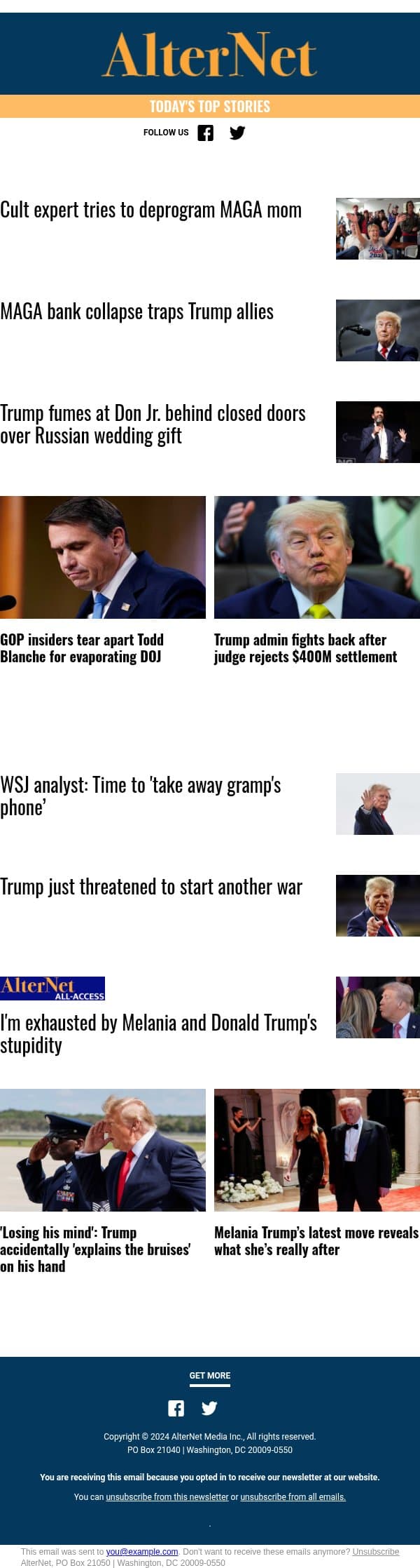 'Losing his mind': Trump accidentally 'explains the bruises' on his hand email from AlterNet screenshot