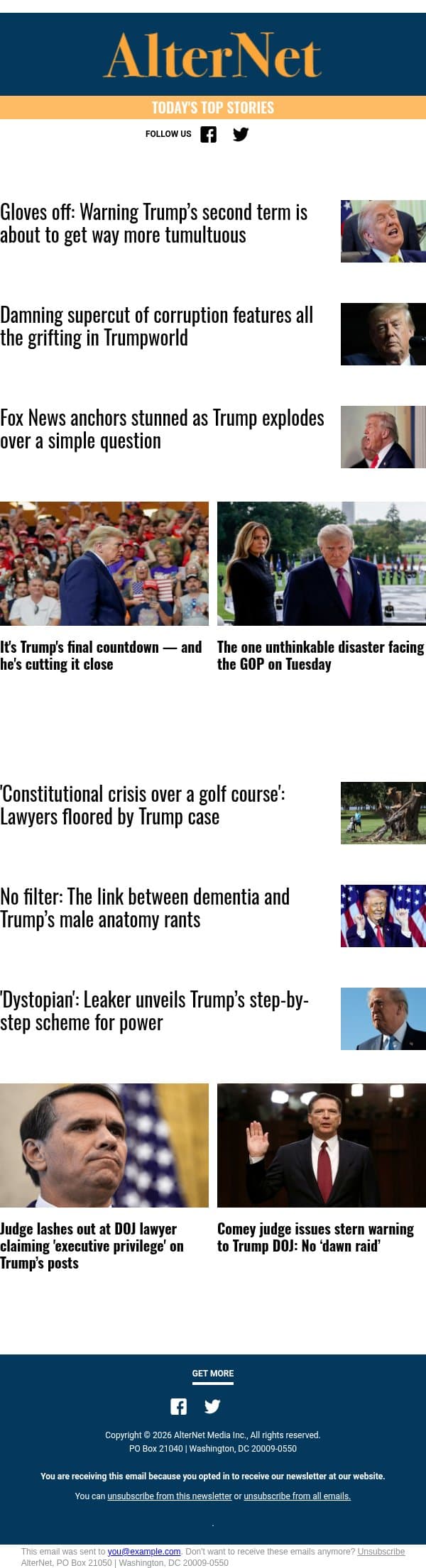 Comey judge issues stern warning to Trump DOJ email from AlterNet screenshot
