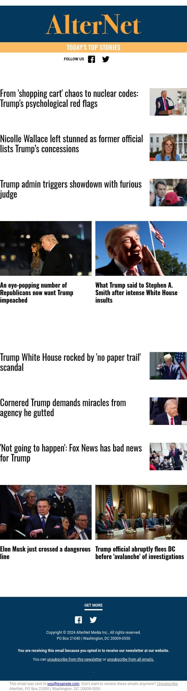 Trump official abruptly flees DC before 'avalanche' of investigations email from AlterNet screenshot