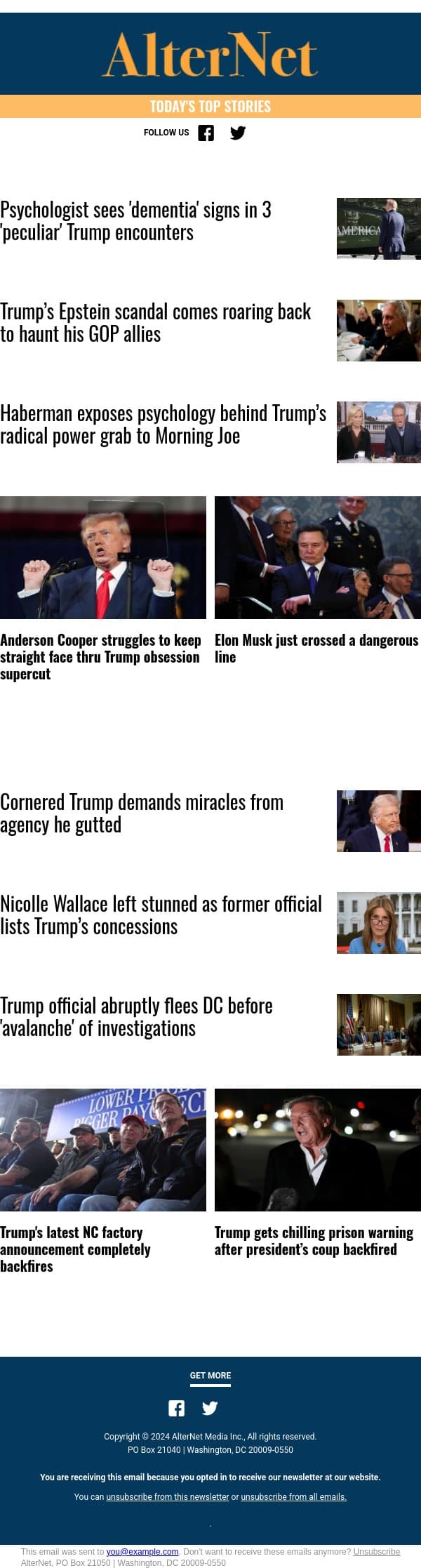 Trump gets chilling prison warning email from AlterNet screenshot