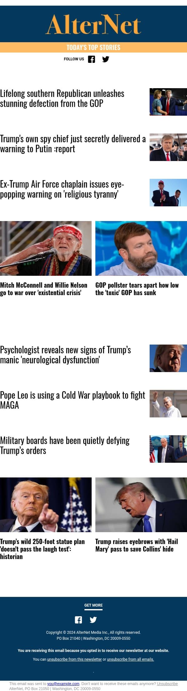 Trump raises eyebrows with 'Hail Mary' pass to save Collins' hide email from AlterNet screenshot