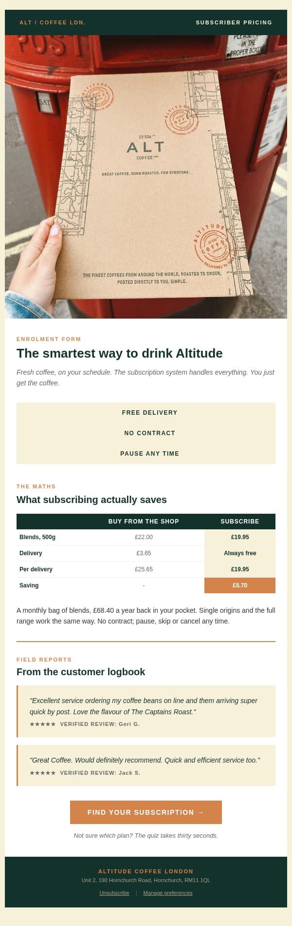£5.70 less, every delivery. email from Altitude Coffee screenshot