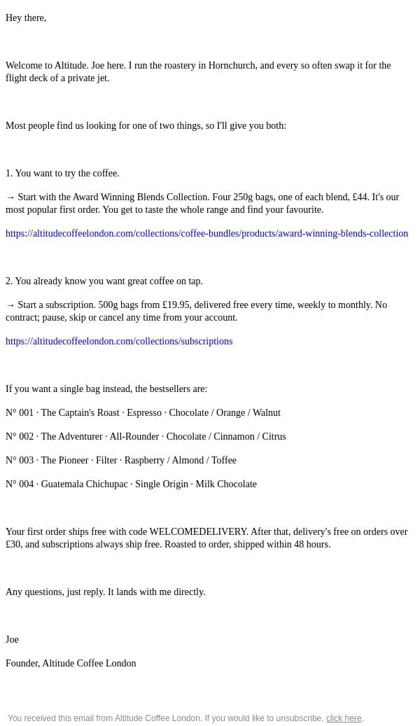 Welcome aboard. email from Altitude Coffee screenshot