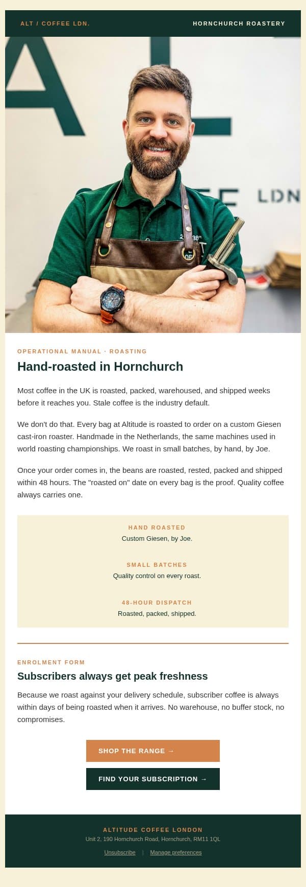 Roasted to order. Shipped in 48 hours. email from Altitude Coffee screenshot