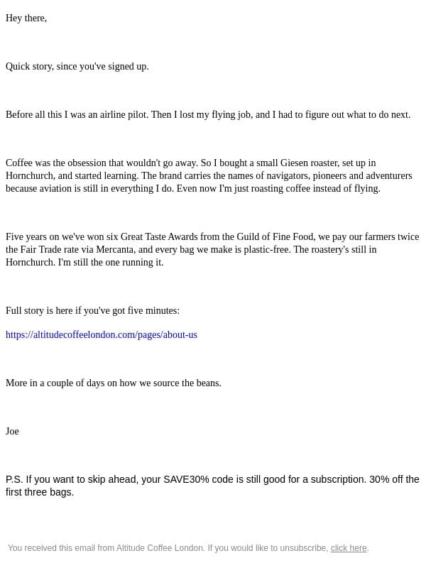 From cockpit to roastery. email from Altitude Coffee