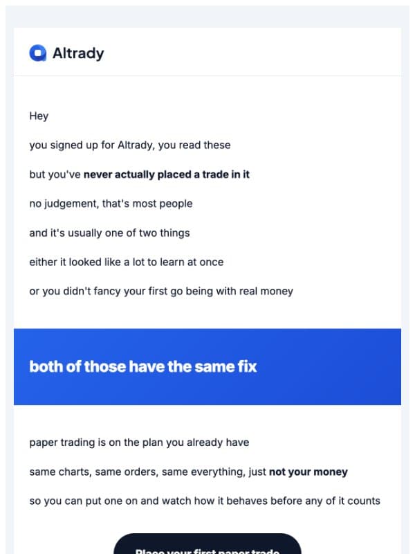 you've never placed a trade in altrady email from Altrady