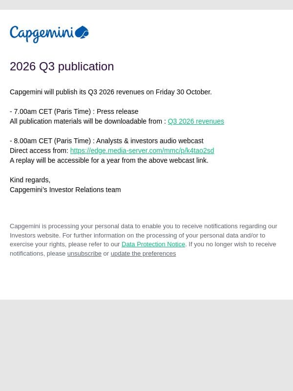 Capgemini SE : Q3 2026 publication on October 30 email from Altran screenshot