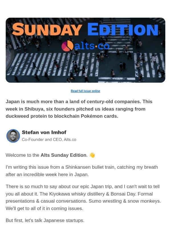 🇯🇵 Our Japan Startup Pitch Event email from Alts