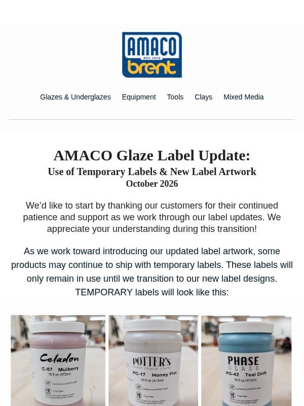AMACO Glaze Label Update email from AMACO