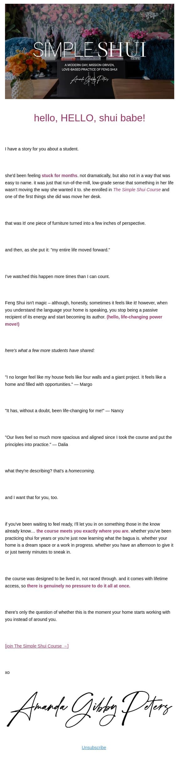 she moved her desk, and then… she moved her life. email from Amanda Gibby Peters - Simple Shui screenshot