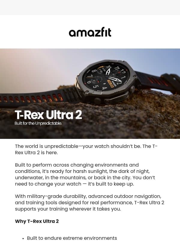 Discover T-Rex Ultra 2 email from Amazfit
