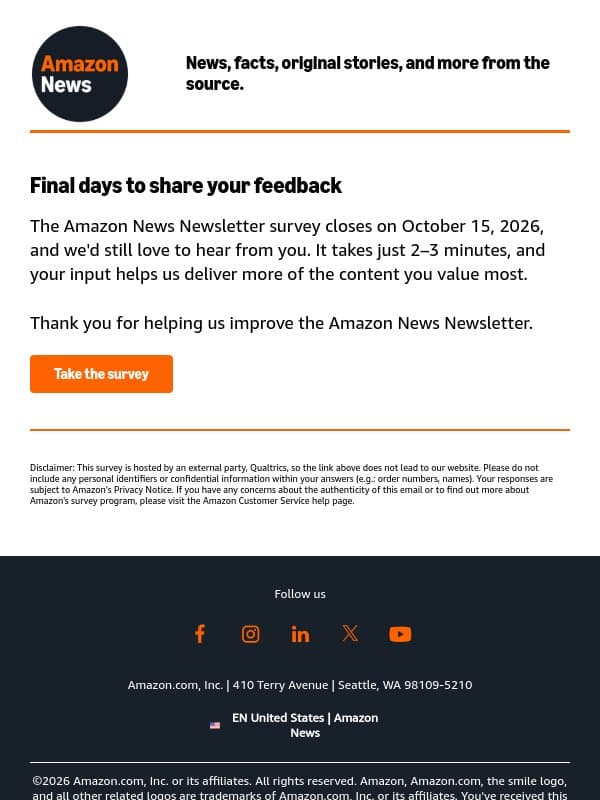Our survey closes October 15 email from Amazon