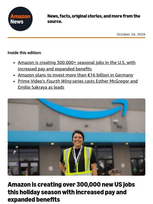 Amazon is creating 300,000+ US jobs this holiday season email from Amazon