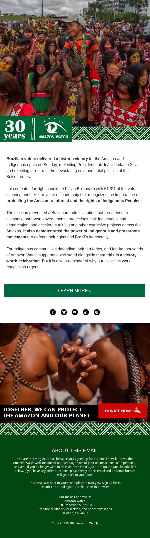 ✊🏽 The power of the Indigenous vote in Brazil email from Amazon Watch screenshot