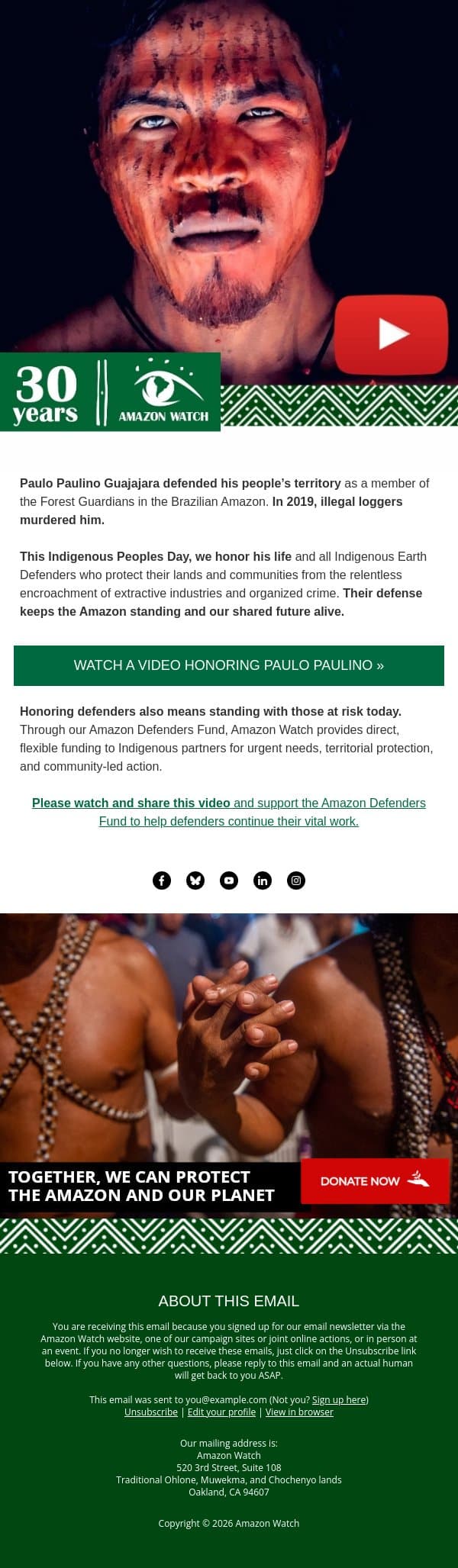 ▶️ VIDEO: Indigenous Earth Defenders risk their lives every day email from Amazon Watch screenshot
