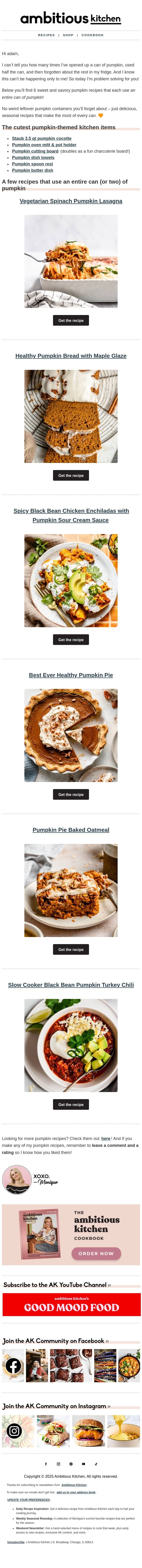 6 recipes that use exactly 1 can of pumpkin 🧡 email from Ambitious Kitchen screenshot