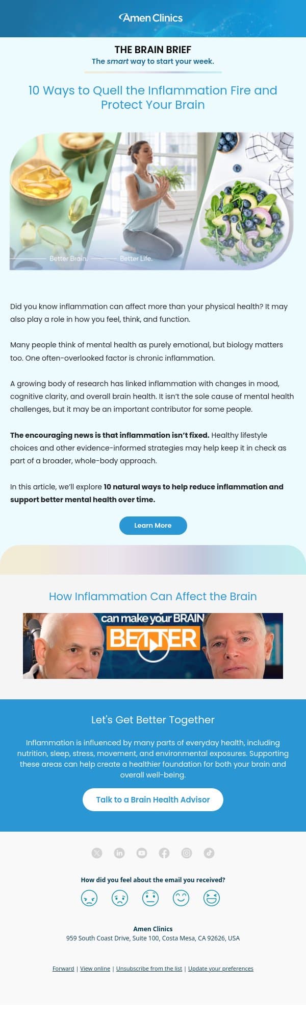 What Chronic Inflammation Can Do to Your Brain email from Amen Clinics screenshot
