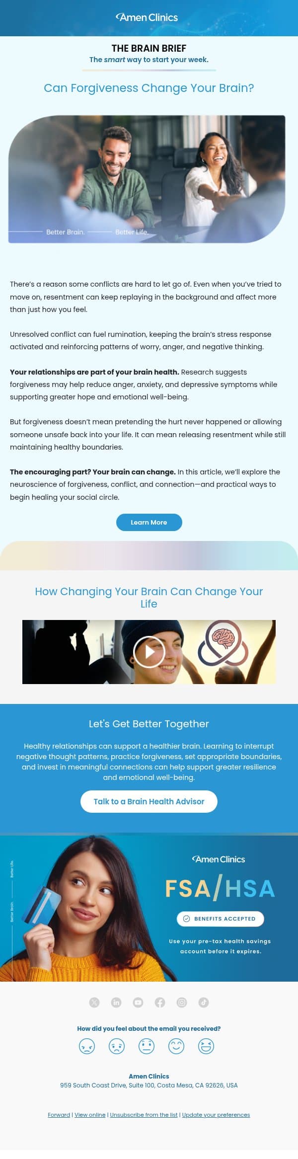 What Holding a Grudge May Be Doing to Your Brain email from Amen Clinics screenshot