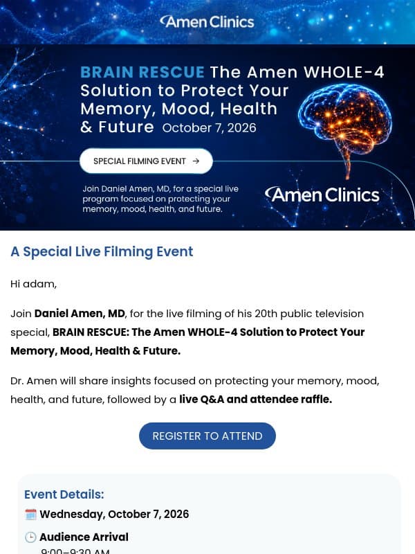 BRAIN RESCUE with Dr. Daniel Amen — October 7 email from Amen Clinics