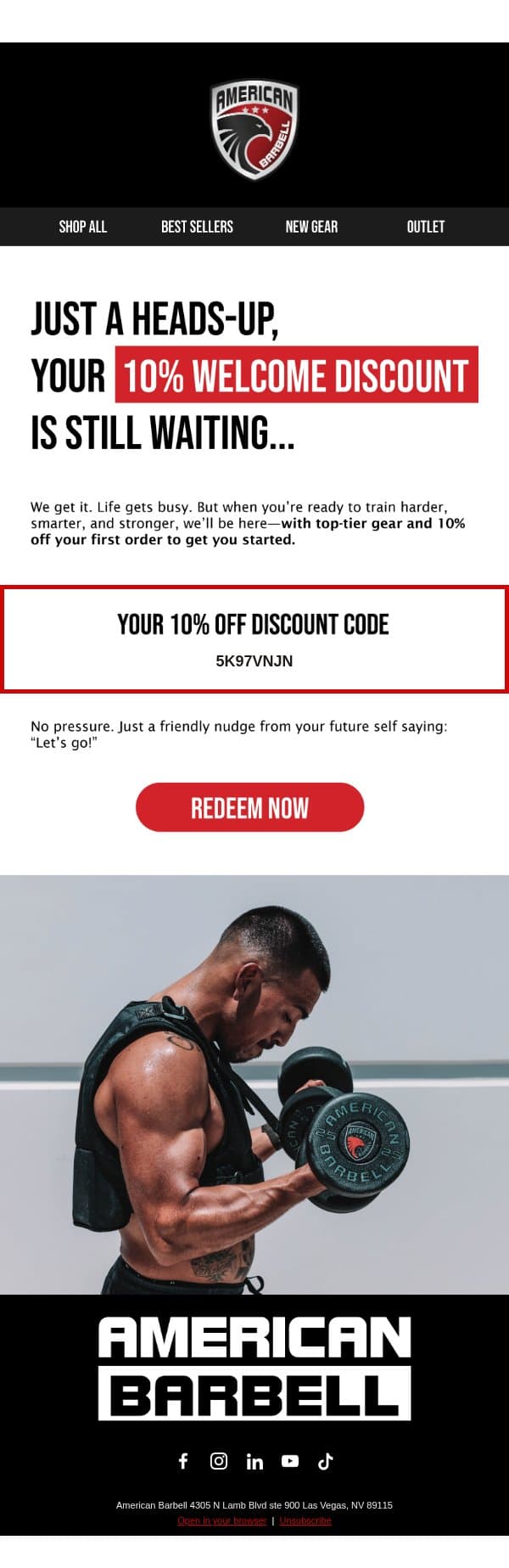 Forgot something? (It’s 10% off 👀) email from American Barbell screenshot