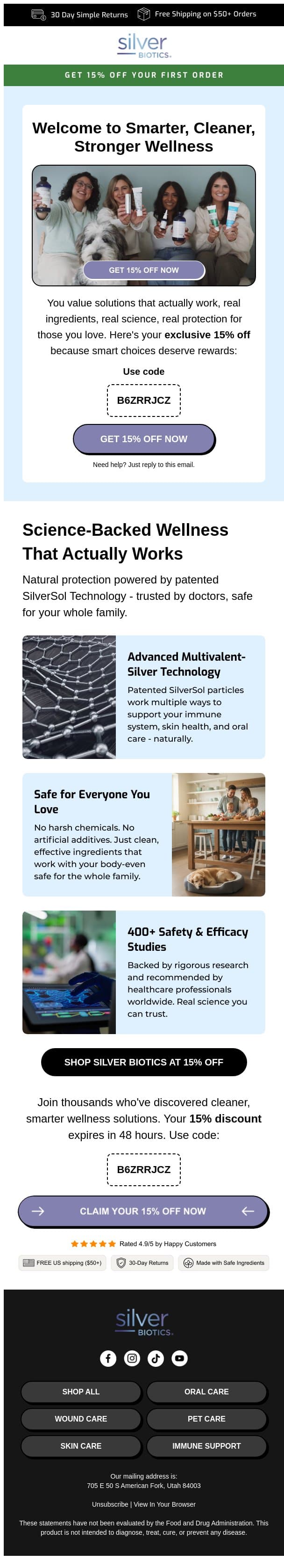 Re: Here’s 15% OFF Your First Silver Biotics Order email from American Biotech Labs screenshot