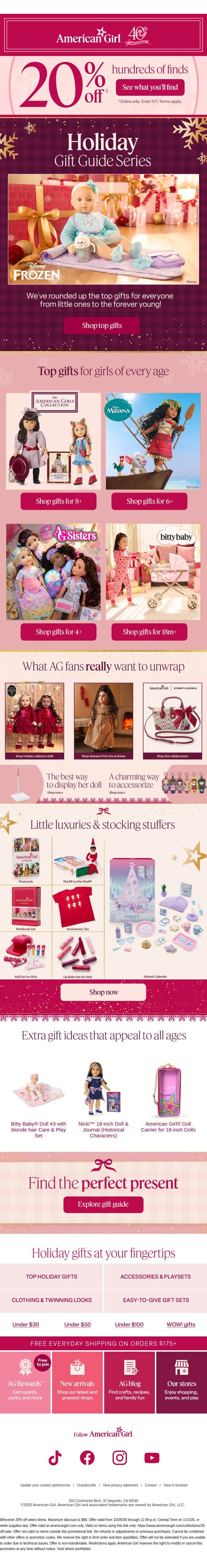 Explore our Gift Guide for can’t-miss gift ideas for everyone on your list 💖 email from American Girl screenshot