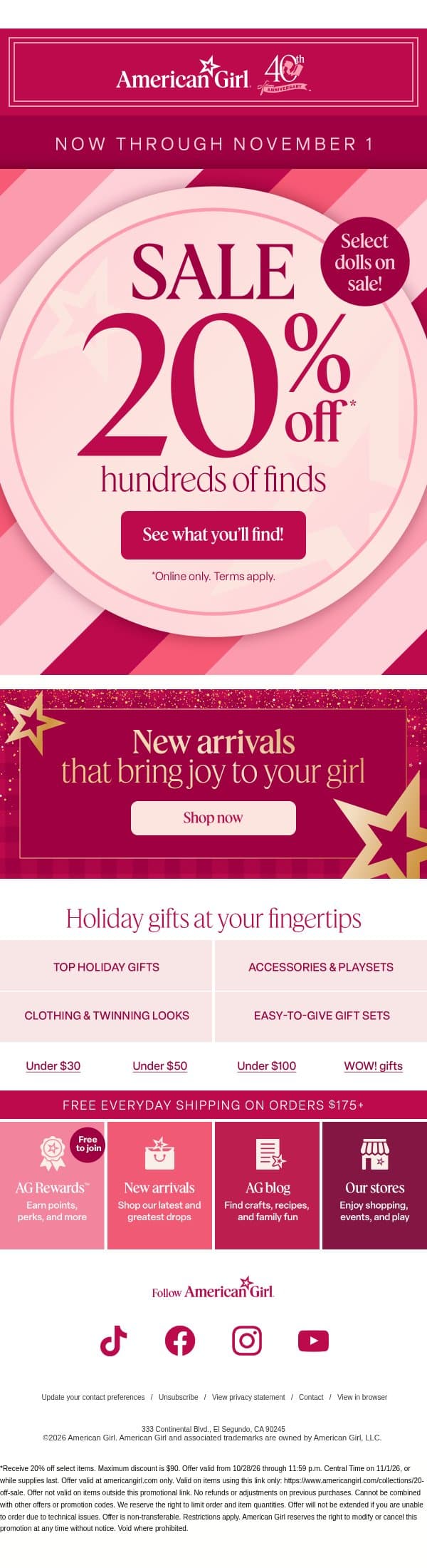 π 20% off...and still so much to discover, friend! email from American Girl screenshot