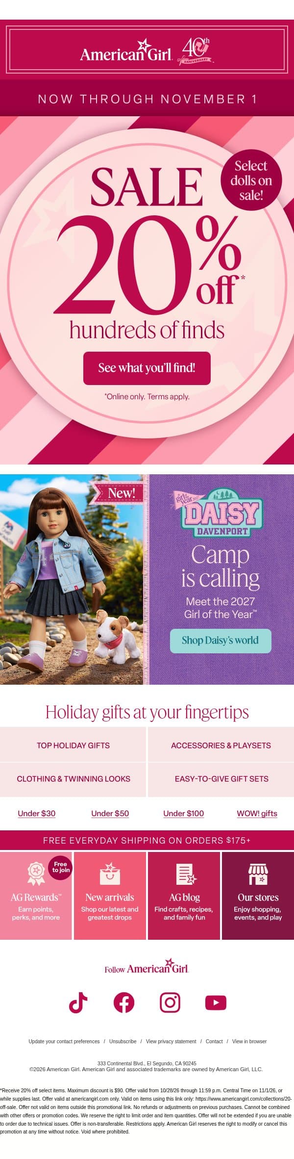 ✨20% off your favorites? We'd say yes, friend. email from American Girl screenshot