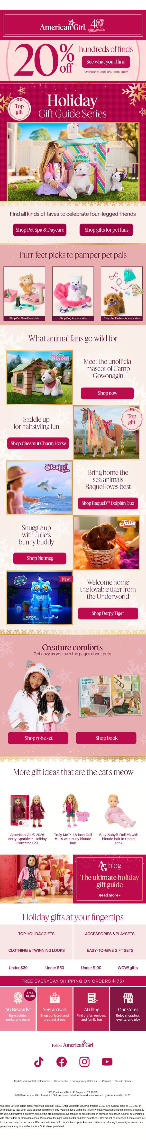 Pet-tacular gift ideas for pet lovers inside! ๐ถ๐ฑ email from American Girl screenshot