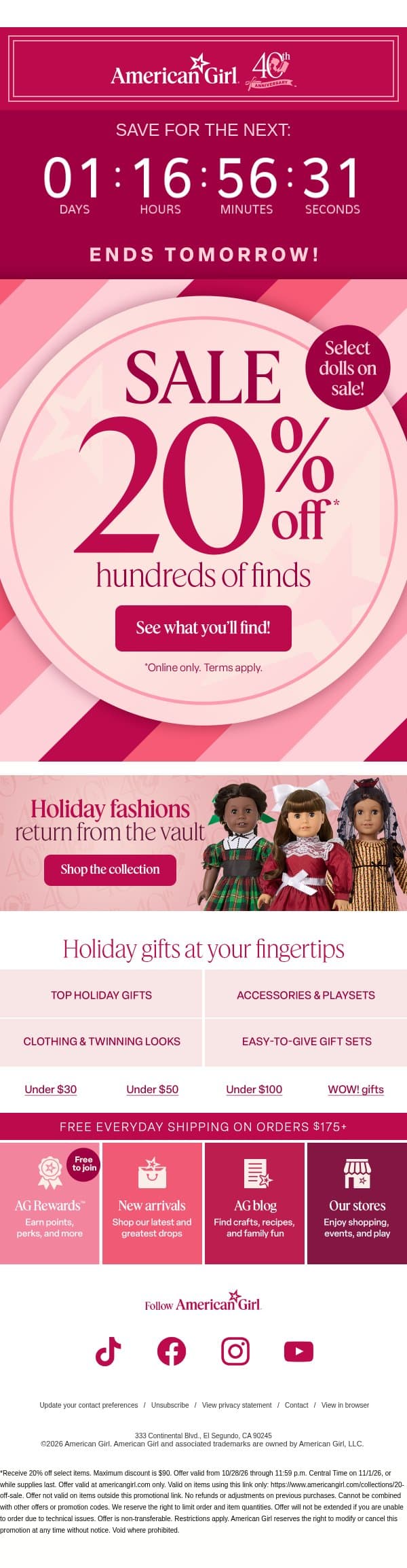 ⏳ Ends tomorrow, friend: 20% off hundreds of finds email from American Girl screenshot