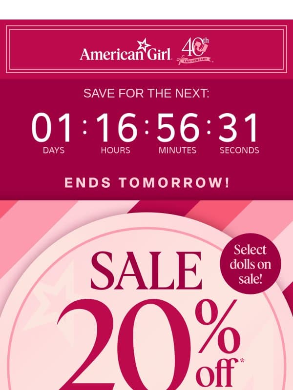 ⏳ Ends tomorrow, friend: 20% off hundreds of finds email from American Girl