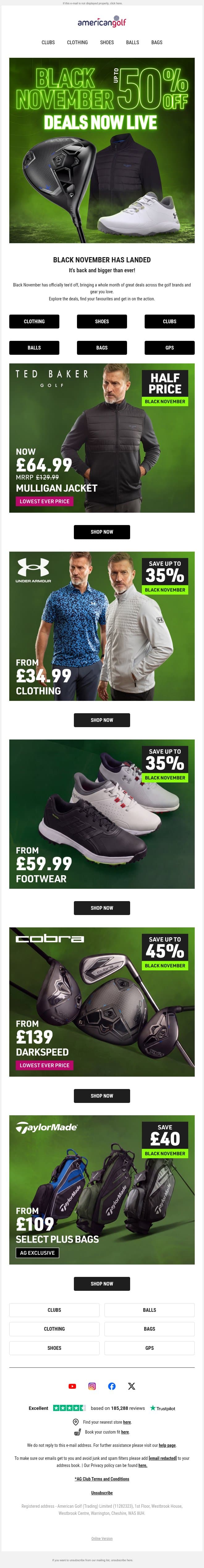 🚨Up to 50% OFF Black November starts now email from American Golf screenshot