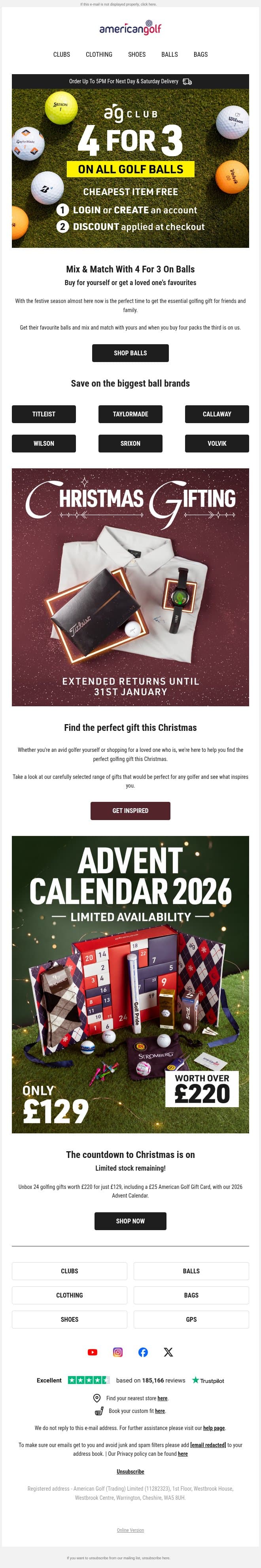 The essential Golf Gift: 4 for 3 on Balls email from American Golf screenshot
