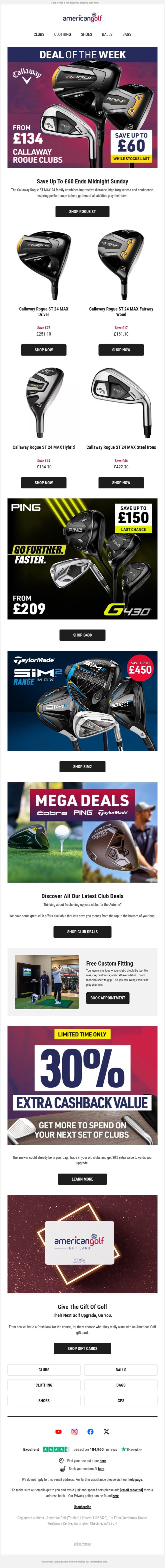 Up to £60 Off Rogue ST MAX – Ends Sunday email from American Golf screenshot