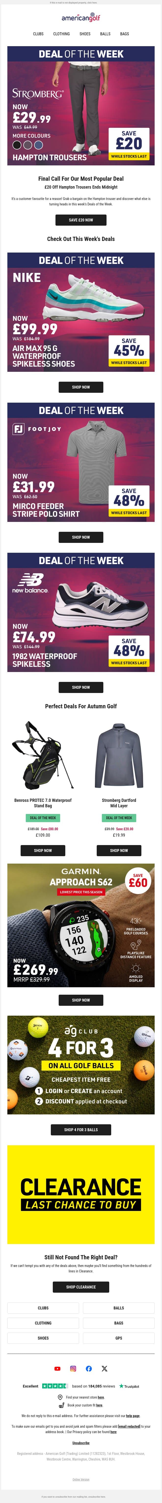 £20 off Hampton trousers ends midnight ⏰ email from American Golf screenshot