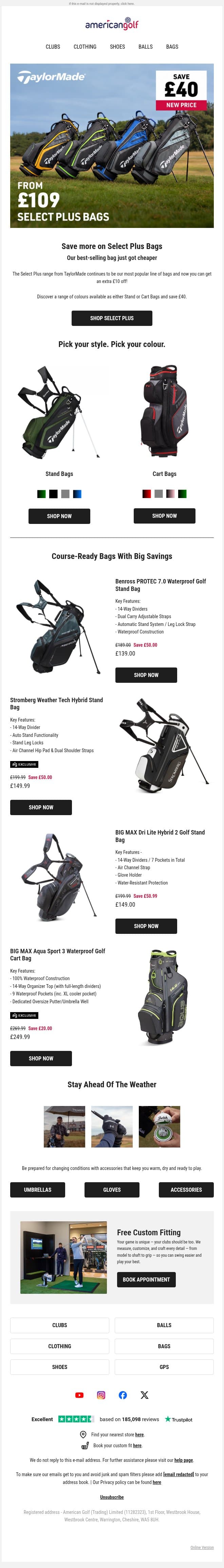 Now save £40 on TaylorMade Select Plus Bags email from American Golf screenshot