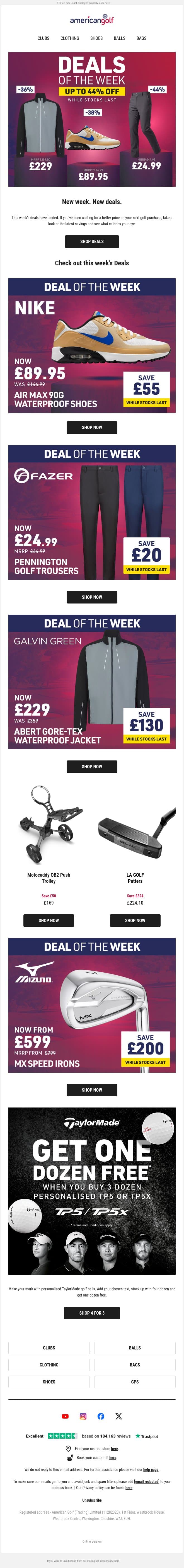 NEW Deals of the Week have landed 👀 email from American Golf screenshot