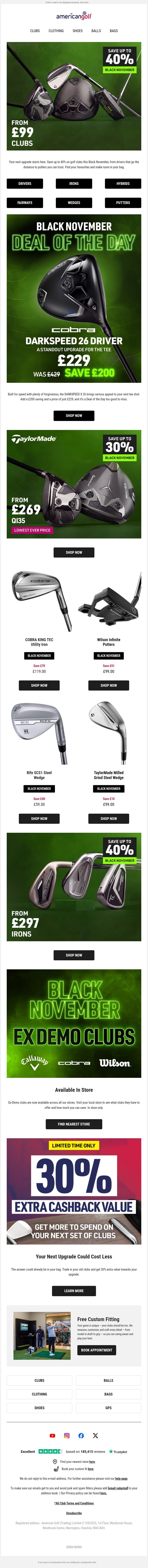 Black November: Clubs up to 40% OFF email from American Golf screenshot