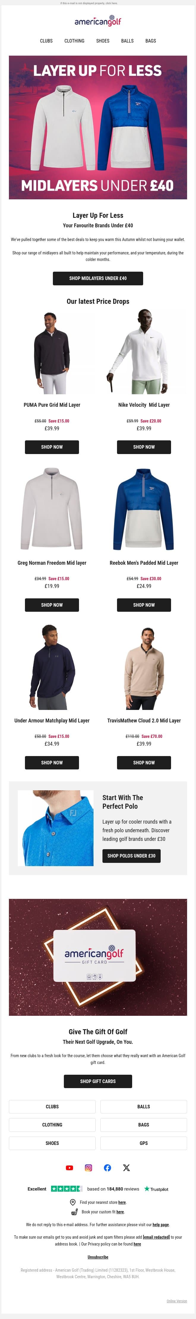 💸Fresh savings on midlayers under £40 email from American Golf screenshot