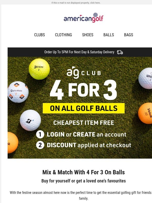 The essential Golf Gift: 4 for 3 on Balls email from American Golf